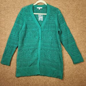 NWOT Liz Claiborne Women Green Button-Up L/S Cardigan XL V-Neck Open Weave Knit